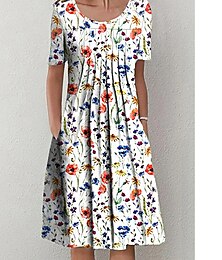 cheap -Women's Casual Dress Floral Dress Midi Dress White Short Sleeve Floral Ruched Spring Summer Crew Neck Basic Daily Vacation Weekend 2023 S M L XL XXL 3XL