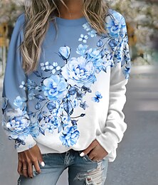 preiswerte -Damen Sweatshirt Pullover Zur Seite fahren Blumen Strasse Casual Rosa Blau Purpur Elegant Sport Basic Rundhalsausschnitt Langarm Oberteil Mikro-elastisch Herbst Winter