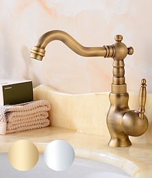 お買い得  -浴室の蛇口シングルハンドル、シンクミキサー洗面器タップ、冷温ホース付きヴィンテージ真鍮
