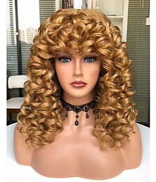 billiga -långa lockiga vågiga blonda peruker för kvinnor sidodel naturligt utseende cosplay syntetfiber peruk värmebeständig ersättningsperuk halloween cosplay partyperuker