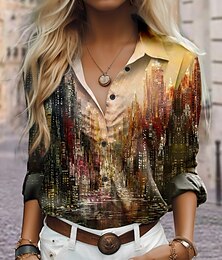 economico -Camicia da donna quotidiana basic con bottoni stampa maniche lunghe top regolare colletto casual rosso blu marrone verde autunno e inverno