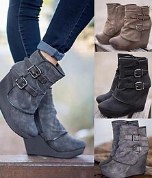 cheap -Women's Boots Suede Shoes Plus Size Booties Ankle Boots Daily Solid Color Booties Ankle Boots Winter Buckle Wedge Heel Round Toe Vacation Fashion Cute Faux Suede Zipper Black Coffee Gray