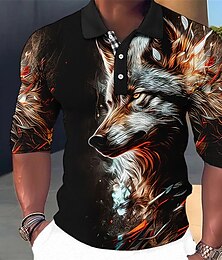 cheap -Animal Wolf Men's Abstract 3D Print Golf Polo Outdoor Casual Daily Streetwear Polyester Long Sleeve Turndown Polo Shirts Red Blue Fall & Winter S M L Lapel Polo