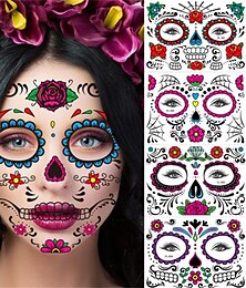economico -Adesivi per tatuaggi facciali a tema Halloween per il giorno dei morti, tatuaggi temporanei a forma di teschio di zucchero per il trucco del dia de los muertos, divertenti decorazioni spaventose per il viso per le feste