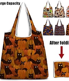 abordables -bolso de mano de halloween plegable de gran capacidad - bolso de compras reutilizable con diseños de gato negro y calabaza