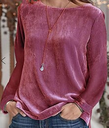 abordables -Mujer Camiseta Plano Básico Manga Larga Escote Redondo Tops regulares San Valentín Diario Fin de semana Negro Rosa Azul Piscina Marrón Gris Otoño invierno