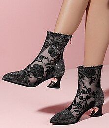 cheap -Women's Boots Winter Boots Booties Ankle Boots Outdoor Daily Walking Booties Ankle Boots Winter Rhinestone Embroidery Flower Block Heel Closed Toe Fashion Elegant Sexy Satin Solid Color Black White