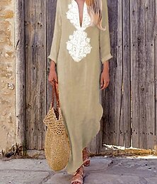 Χαμηλού Κόστους -Γυναικεία Καθημερινό φόρεμα Φόρεμα από βαμβακερό λινό Φόρεμα ριχτό Μακρύ φόρεμα Μείγμα Βαμβακιού Βασικό Καθημερινό ΕΞΩΤΕΡΙΚΟΥ ΧΩΡΟΥ Καθημερινά Διακοπές Λαιμόκοψη V Στάμπα Μακρυμάνικο