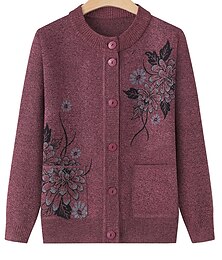 cheap -Women's Cardigan Sweater Crew Neck Ribbed Knit Polyester Button Pocket Fall Winter Outdoor Holiday Going out Stylish Casual Soft Long Sleeve Floral claret Grass Green Leather Pink XL 2XL 3XL