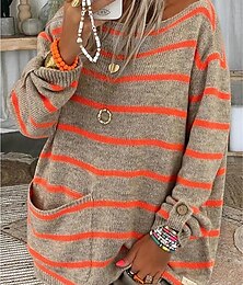 ieftine -Pentru femei Pulover pulover Stil Nautic Striat Tricotat Polyester Buzunar Toamnă Iarnă Zilnic Ieșire Sfârșit de săptămână Stilat Casual Moale Manșon Lung Dungi Maillard Negru Roz Îmbujorat Portocaliu