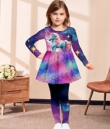 abordables -Fille 3D Graphic Galaxie Licorne T-shirt & Pantalon Ensemble robe Ensemble de Vêtements manche longue 3D effet Printemps Automne Hiver Actif Mode du quotidien Enfants 3-12 ans Extérieur Vacances