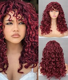 cheap -Long Red Curly Afro Wigs for Black Women Fluffy Wavy Wine Wig with Bangs Afro Kinky Curly Big Bouncy Wig for Daily Use