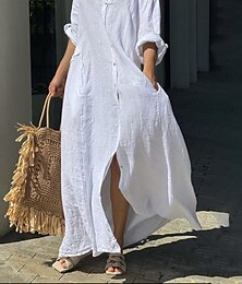 Χαμηλού Κόστους -Γυναικεία Λευκό φόρεμα Φόρεμα πουκαμίσα Καθημερινό φόρεμα Μακρύ φόρεμα Μείγμα Λινό / Βαμβάκι Βασικό Κλασσικό ΕΞΩΤΕΡΙΚΟΥ ΧΩΡΟΥ Καθημερινά Διακοπές Κολάρο Πουκαμίσου Κουμπί Τσέπη 3/4 Μήκος Μανικιού