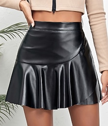 preiswerte -Damen Rock A-Linie Modisch Sexy Mini Hoher Taillenbund Röcke Einfarbig Rüsche Strasse Täglich Schwarz Braun Sommer Kunstleder Leder