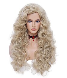 economico -parrucche ondulate lunghe 28 pollici parrucca di capelli ricci crespi sintetici biondi misti beige naturale per le donne parrucche del partito di cosplay di halloween