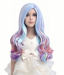 economico -Parrucche Rainbows per Bambini Lunghe Ricce onde Colorate Parrucca Multicolore per Ragazze Parrucca Sintetica per Cosplay Festa Halloween