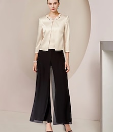 levne -Overal  kalhotový kostým 3 kusy matka nevěsty formální svatební host elegantní lodičkový výstřih podlahová délka chiffon satén polovinu rukávu šátek s korálky rozparkem volná zakázková velikost
