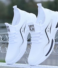 billiga -Herr Sneakers Fritidsskor för män Sportig look Flyknit skor Vita skor Sportig Ledigt Utomhus Dagligen Flygande vävning Andningsfunktion Bekväm Halksäker Snörning Svart Vit Sommar