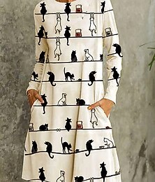 abordables -Femme Robe d'hiver Robe t-shirt Chat Imprimer Col Ras du Cou Robe mi-longue du quotidien Rendez-vous manche longue Automne Hiver