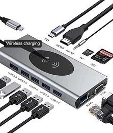 economico -Adattatore hub usb c 13 in 1 con ricarica wireless da usb c a hdmi jack da 3,5 mm audio sd tf hdmi vga rj45 docking station usb3.0 per macbookpro
