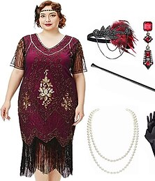 abordables -Années Folles Années 1920 Mi-long Robe Robe Charleston Tenues Manches courtes Gatsby le Magnifique Invité au mariage Paillettes Frange à pompons Col en V Déguisement Femmes Noël Carnaval Mascarade