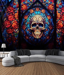 economico -Arazzo Appeso Giorno dei Morti Teschio di Halloween Arte Murale Grande Arazzo Decorazione Fotografia Fondale Coperta Tenda Casa Camera da letto Soggiorno Decorazione Vetro Stained  Decorazioni