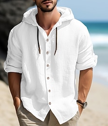 economico -Per uomo Camicia camicia di lino Camicia con cappuccio Nero Bianco Blu Manica lunga Liscio Con cappuccio Primavera estate Informale Giornaliero Abbigliamento Pulsante