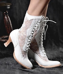 cheap -Women's Boots Combat Boots Plus Size Wedding Boots Wedding Party Daily Solid Color Mid Calf Boots Winter Lace-up Chunky Heel Pointed Toe Elegant Vintage Fashion PU Lace-up Black White