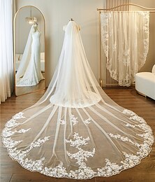 cheap -One-tier Lace Applique Edge / Lace Wedding Veil Cathedral Veils with Embroidery / Appliques / Paillette 137.8 in (350cm) Tulle