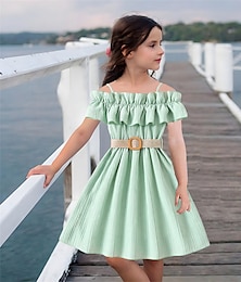cheap -Kids Girls' Dress Solid Color Short Sleeve Wedding Outdoor Casual Ruffle Vacation Fashion Daily Polyester Knee-length Casual Dress Swing Dress A Line Dress Summer Spring 7-13 Years Black White Yellow