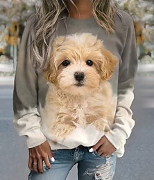 abordables -Sudadera de mujer, jersey de perro, estilo casual, deportivo, básico, de calle, cuello redondo, manga larga, top microelástico, caída&amp;Tejido suave, transpirable y cómodo para el invierno.
