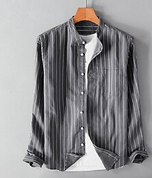 economico -Per uomo Camicia in lino e cotone Camicia estiva Camicia da spiaggia Nero Bianco Grigio Manica lunga A strisce Colletto alla coreana Primavera & Autunno Strada Giornaliero Abbigliamento Bottone giù