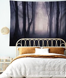 levne -Halloween děsivé visící tapisérie nástěnné umění velká tapisérie nástěnná malba dekorace fotografické pozadí deka závěs domov ložnice obývací pokoj cesta lesem ve tmě hluboko v lese s mlhou