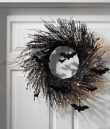 billiga -halloween krans med lampor, upplyst krans, halloween kransar till ytterdörren, svart fladdermus för ytterdörr utomhusdekorationer spöklik glitter hemfest rekvisita dekoration