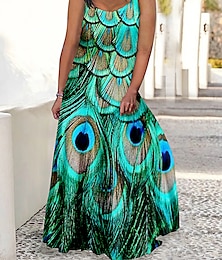 Χαμηλού Κόστους -Γυναικεία Μεγάλα Μεγέθη Καμπύλη Καθημερινό φόρεμα Φόρεμα για τον ήλιο Φόρεμα με λεπτή τιράντα Φτερό παγωνιού Μακρύ φόρεμα Αμάνικο Στάμπα Τιράντες Ρομαντικό Καθημερινά Βαθύ μωβ Βαθύ πράσινο