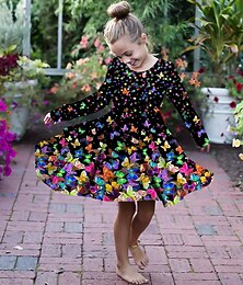 abordables -Girls ' 3D Graphic Mariposa Vestido Manga Larga Impresión 3D Verano Otoño Deporte Diario Festivos Estilo lindo Casual Hermosa Niños 3-12 años Vestido informal Vestido de una línea Sobre la rodilla