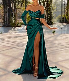 baratos -vestido de noite sereia vestido verde vermelho vestido de cetim verde esmeralda franzido festa de casamento comprimento formal até o chão com manga comprida fora do ombro fenda 2024