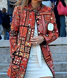 levne -dámská ležérní bunda outdoorové oblečení kapsa květinový pohodlný vzorovaný volný střih svrchní oděvy dlouhý rukáv podzimní červená ležérní móda ulice