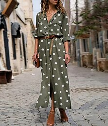 cheap -Women's Shirt Dress Maxi long Dress Winter Dress Daily Date Polyester Fashion Elegant Shirt Collar Print Long Sleeve Summer Spring Fall 2022 Regular Fit Black Army Green Red Polka Dot Round Dots S M