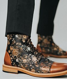 levne -pánské květinové žakárové a hnědé šněrovací boty z umělé kůže - vintage oxfordské kotníkové boty v retro stylu pro běžné i formální nošení