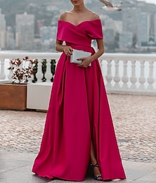 ieftine -rochie de seară în formă de linie rochie de petrecere rochie stil celebritate nuntă formală trenă de curte fără mâneci rochie de domnișoară de onoare cu umăr dezactivat din satin cu fante fâșă 2024
