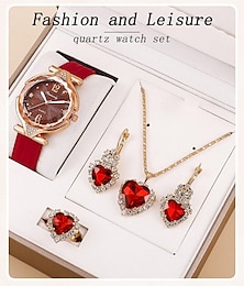 abordables -5 unids/set de relojes para mujer, reloj de pulsera de cuero para mujer, reloj de pulsera simple e informal a la moda para mujer y regalo de joyería