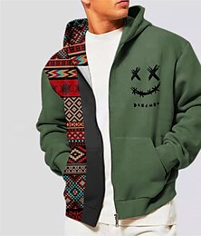 cheap -Halloween Smile Face Hoodie Mens Graphic Color Block Tribal Prints Ethnic Classic Casual 3D Zip Jacket Outerwear Holiday Vacation Streetwear Hoodies Black Native American Beige Cotton