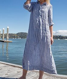abordables -Mujer Negro Blanco Azul Piscina Verano Primavera Otoño Vestido maxi Vestidos de lino y algodón Vestido de Camisa Vestido informal Moderno Casual Estilo callejero Exterior Vacaciones Diario Holgado A