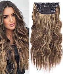 economico -4 pezzi clip nelle estensioni dei capelli biondo miele misto marrone chiaro estensioni dei capelli sintetici ondulati lunghi 20 pollici