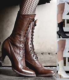 abordables -Botas victorianas con cordones y tacón bajo de piel sintética marrón para mujer: clásicas y elegantes para cosplay, fiestas de disfraces y atuendos de inspiración vintage