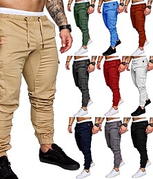 cheap -Men's Cargo Pants Cargo Trousers Casual Pants Drawstring Multi Pocket Solid Colored Full Length Daily 100% Cotton Basic Casual Slim Black White Mid Waist Micro-elastic