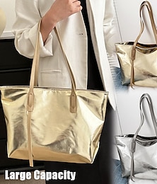 cheap -Women's Tote Shoulder Bag PU Leather Party Daily Holiday Zipper Large Capacity Waterproof Lightweight Solid Color Silver Gold