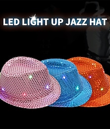 ieftine -Căciulă de jazz intermitentă cu LED creativă pentru adulți, spectacol de dans hip hop, pălărie de jazz cu paiete, care strălucește în întuneric, costume fedora luminoase, recuzita pentru scenă