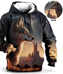 お買い得  -男性用 動物 オオカミ グラフィック パーカー フーディーズ スウェットシャツ 日常 クラシック 長袖 フード付き 祝日 お出かけ ストリートウェア ブルー ブラウン プリント 春 & 秋 デザイナー